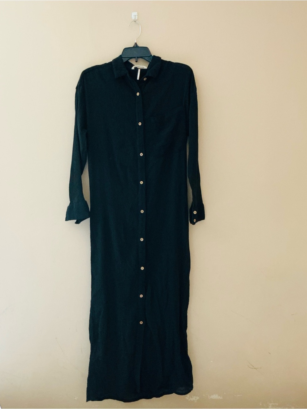 Free People 100% Cotton Black Button-Front Maxi Shirt Dress